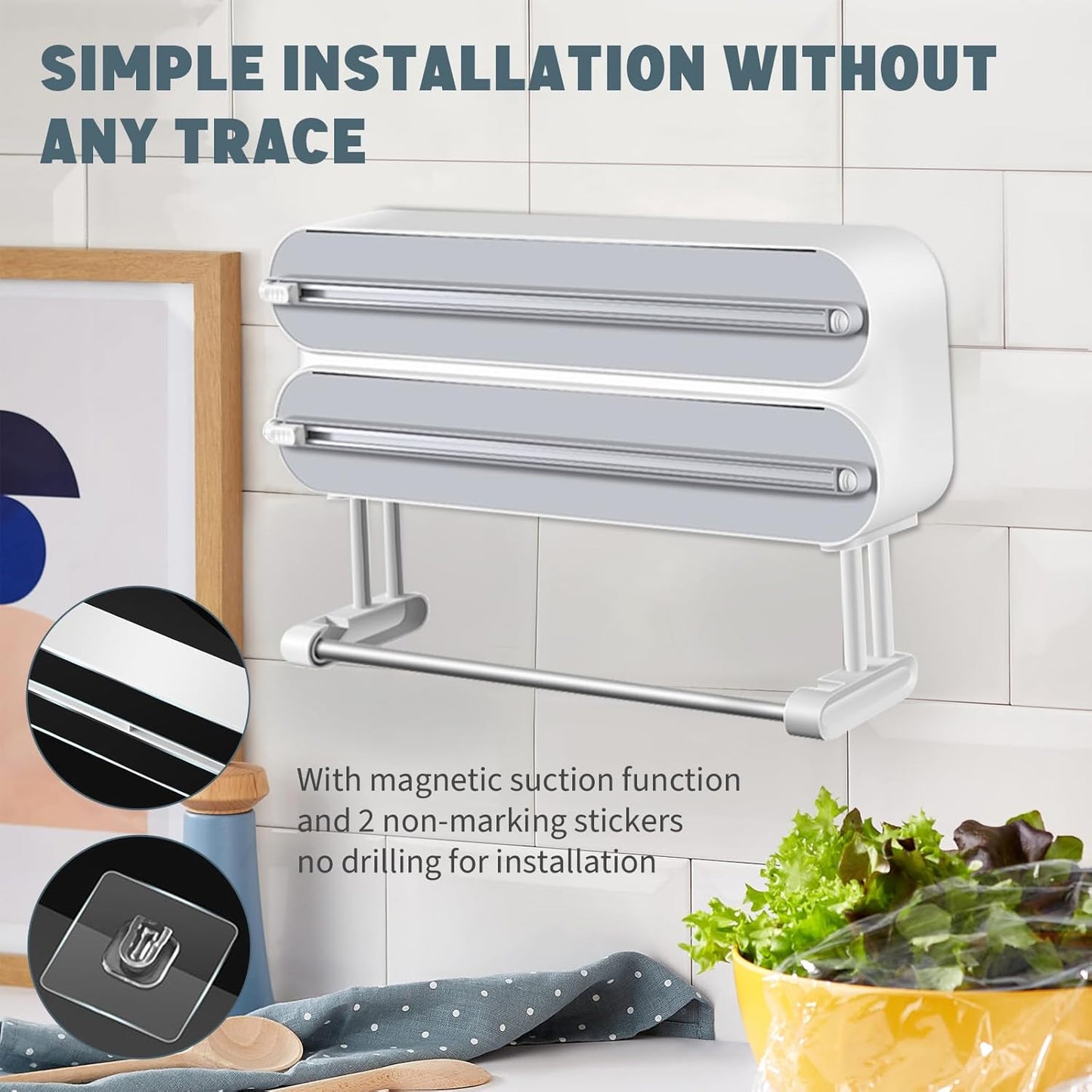 3-in-1 Magnetic Plastic Wrap & Foil Dispenser with Cutter